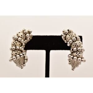 Hobe Vintage Clip Earrings Silver Beaded Cluster Chunky Signed 1960s BinBF